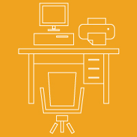 Icons of office equipment: computer, printer, desk and chair