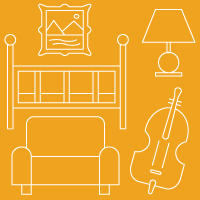 Icons of artwork, baby crib, lamp, couch and violin