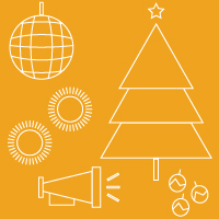 Icons of disco ball, pom poms, megaphone, christmas tree and ornaments