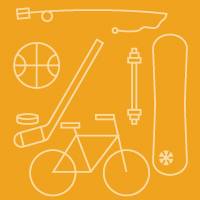 Icons of sports equipment: fishing rod, basketball, hockey stick and puck, bicycle, barbell, snowboard