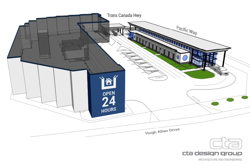Architectural Rendering of the combination self storage and auto wash facility in Kamloops provided by CTA Design Group