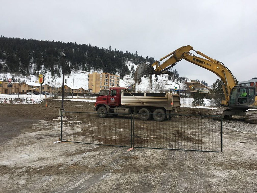 Kamloops Property Excavation Works – 2x Dump Trucks + 350 Kobelco excavator removing 4ft approx. subgrade material, February 2019